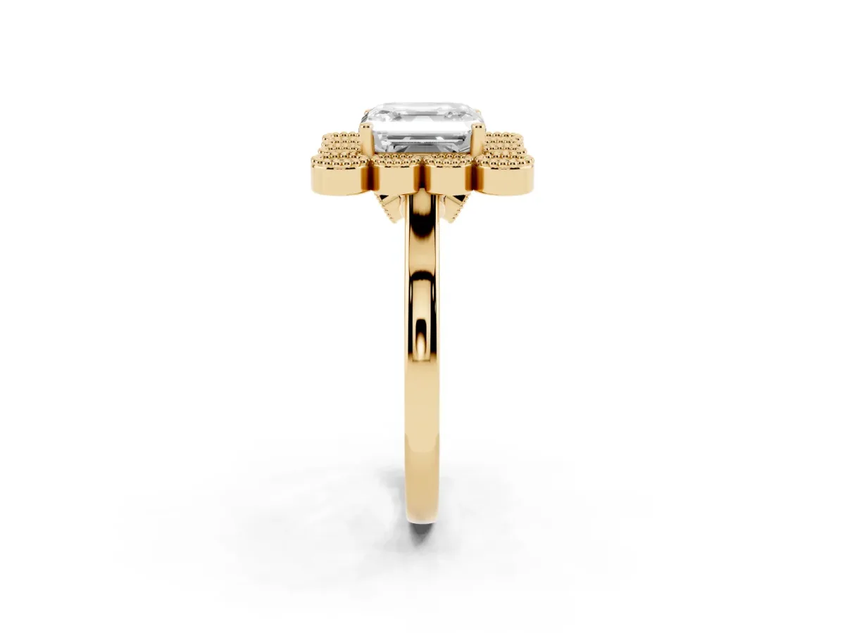 Asscher Cut Halo Diamond Cluster Engagement Ring with Milgrain Bezel Setting and Solitaire Band Yellow gold
