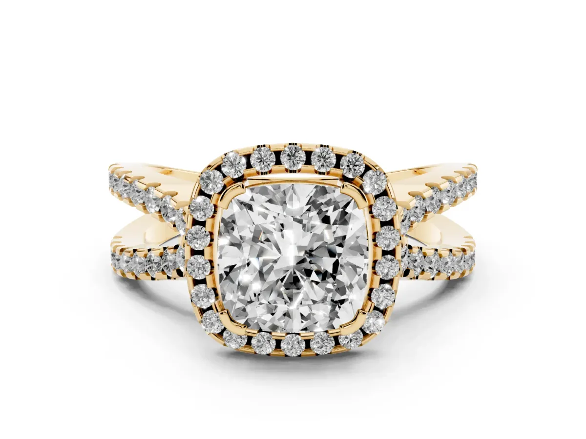Cushion Cut Diamond Halo Ring with Split Shank Pavé Band and Prong Setting Yellow gold