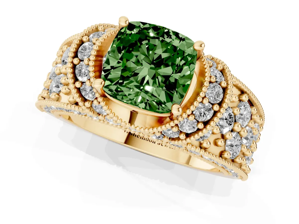 Fancy Green Cushion Cut Halo Pave Diamond Engagement Ring with Milgrain Detailing Yellow gold