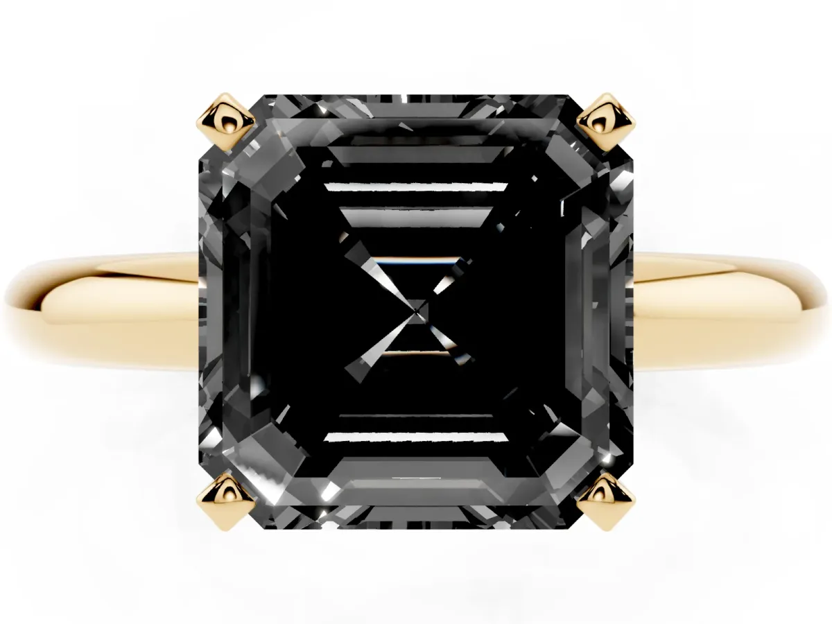 Fancy Black Asscher Cut Diamond Solitaire Engagement Ring with Round Band and Four-Prong Setting Yellow gold