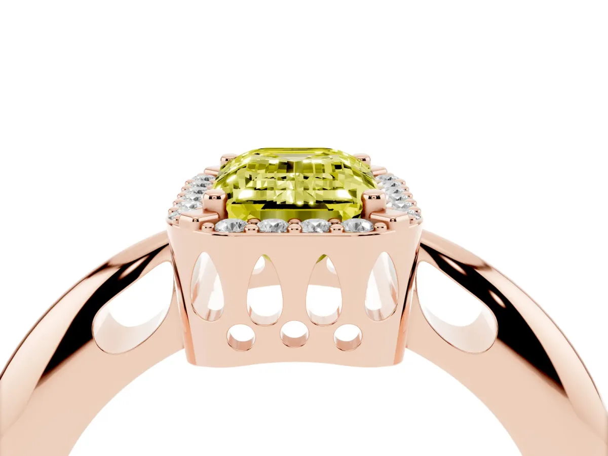 Fancy Yellow Emerald Cut Cut Diamond Halo Engagement Ring with Split Shank and Four-Prong Setting Rose gold