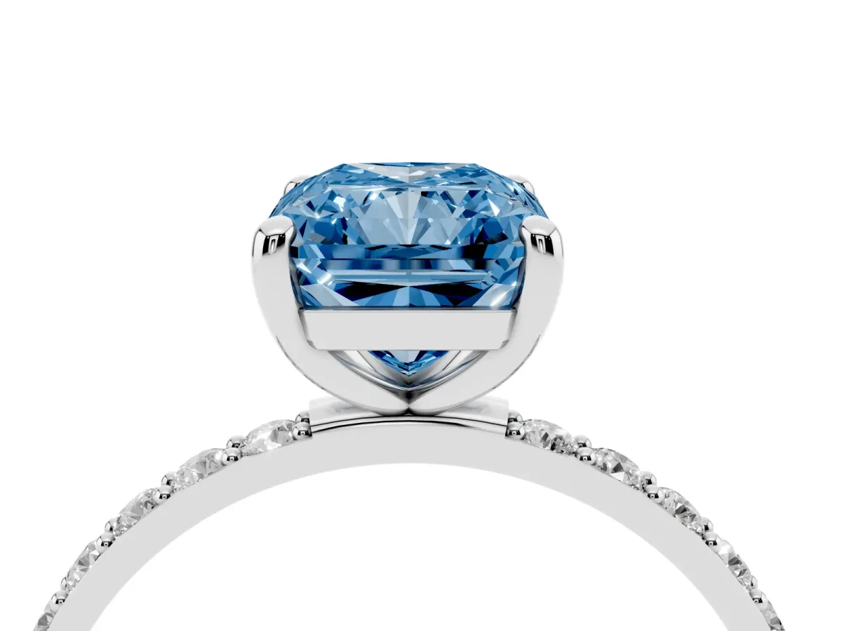 Fancy Blue Radiant Cut Diamond Solitaire Ring with Round Pavé Band and Prong Setting Silver