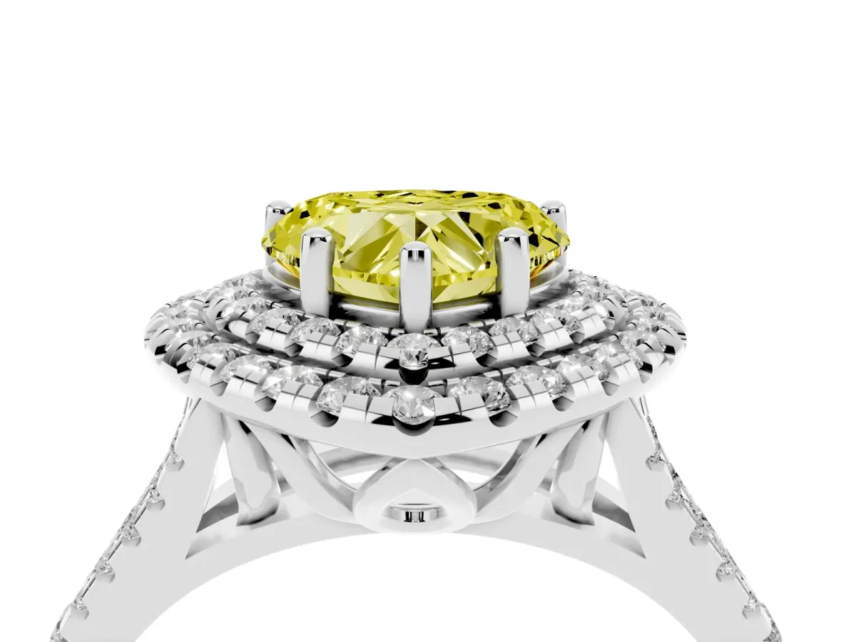 Fancy Yellow Double Halo Heart Cut Diamond Pavé Split Shank Ring with Prong Setting Silver