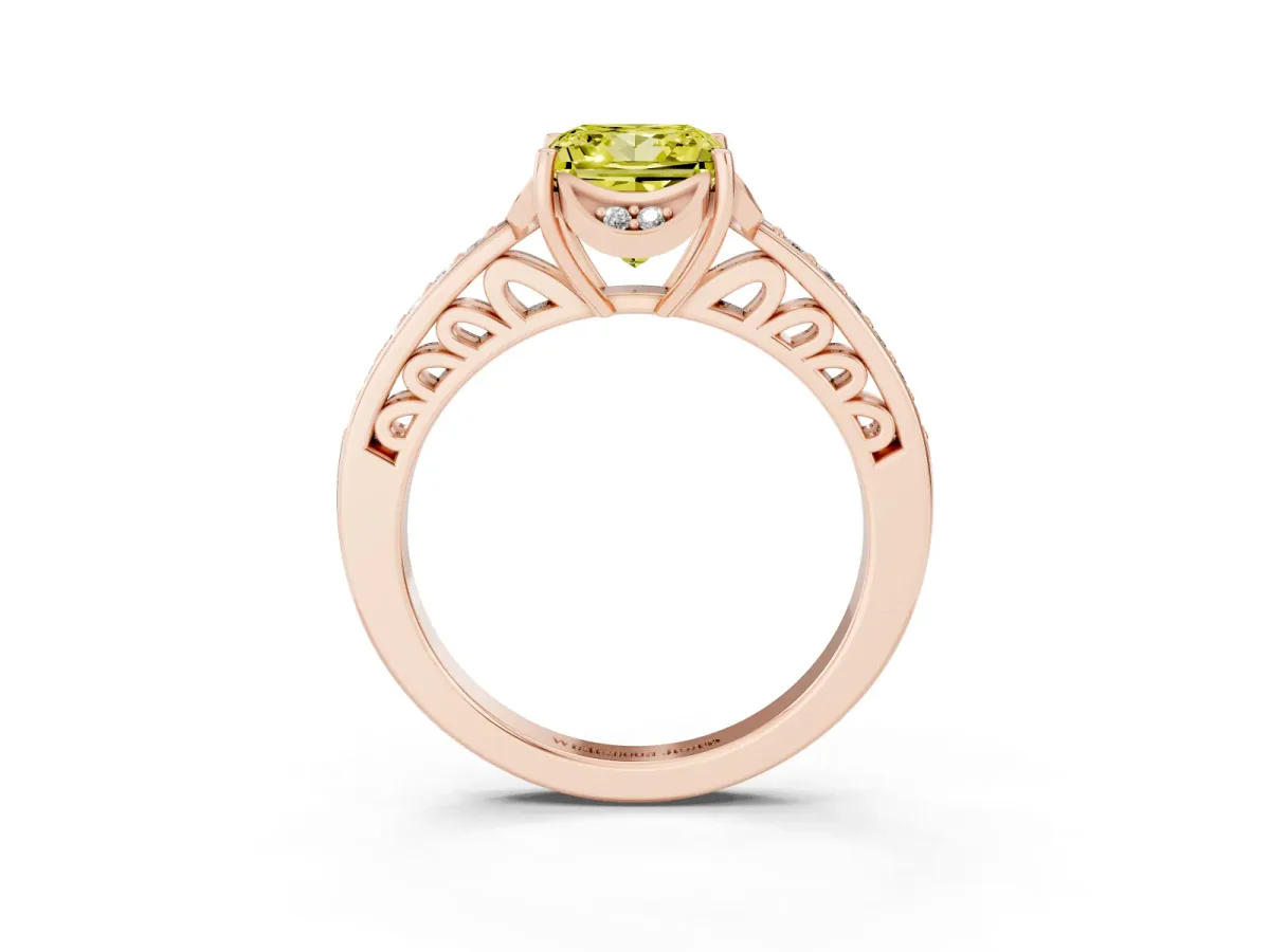 Fancy Yellow Princess Cut Cut Halo Diamond Ring with Channel Set Band and Four-Prong Setting Rose gold