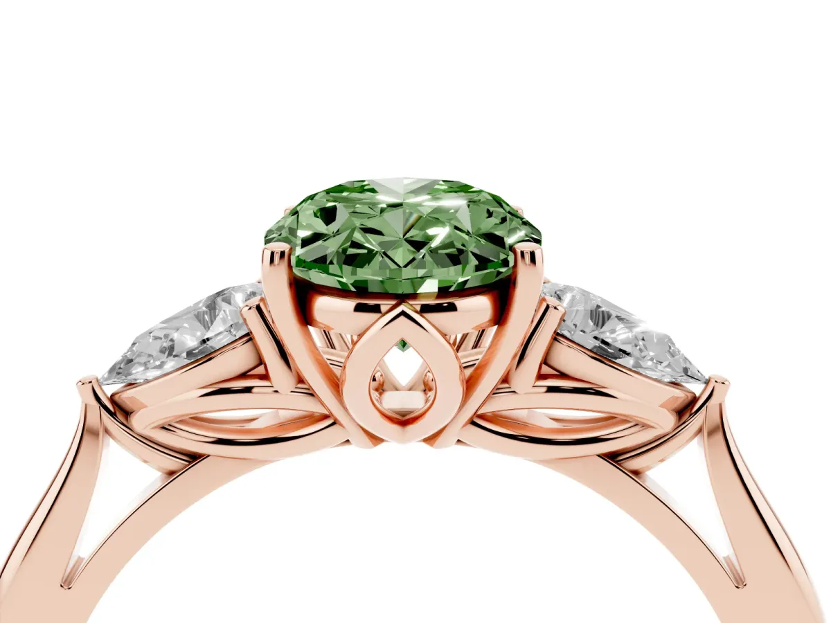 Fancy Green Oval Cut Diamond Three-Stone Ring with Pear Side Stones and Prong Setting Rose gold