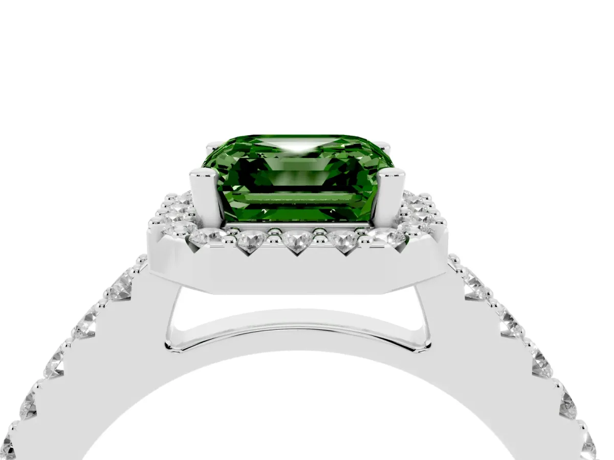 Fancy Green Asscher Cut Halo Diamond Pavé Solitaire Ring Silver
