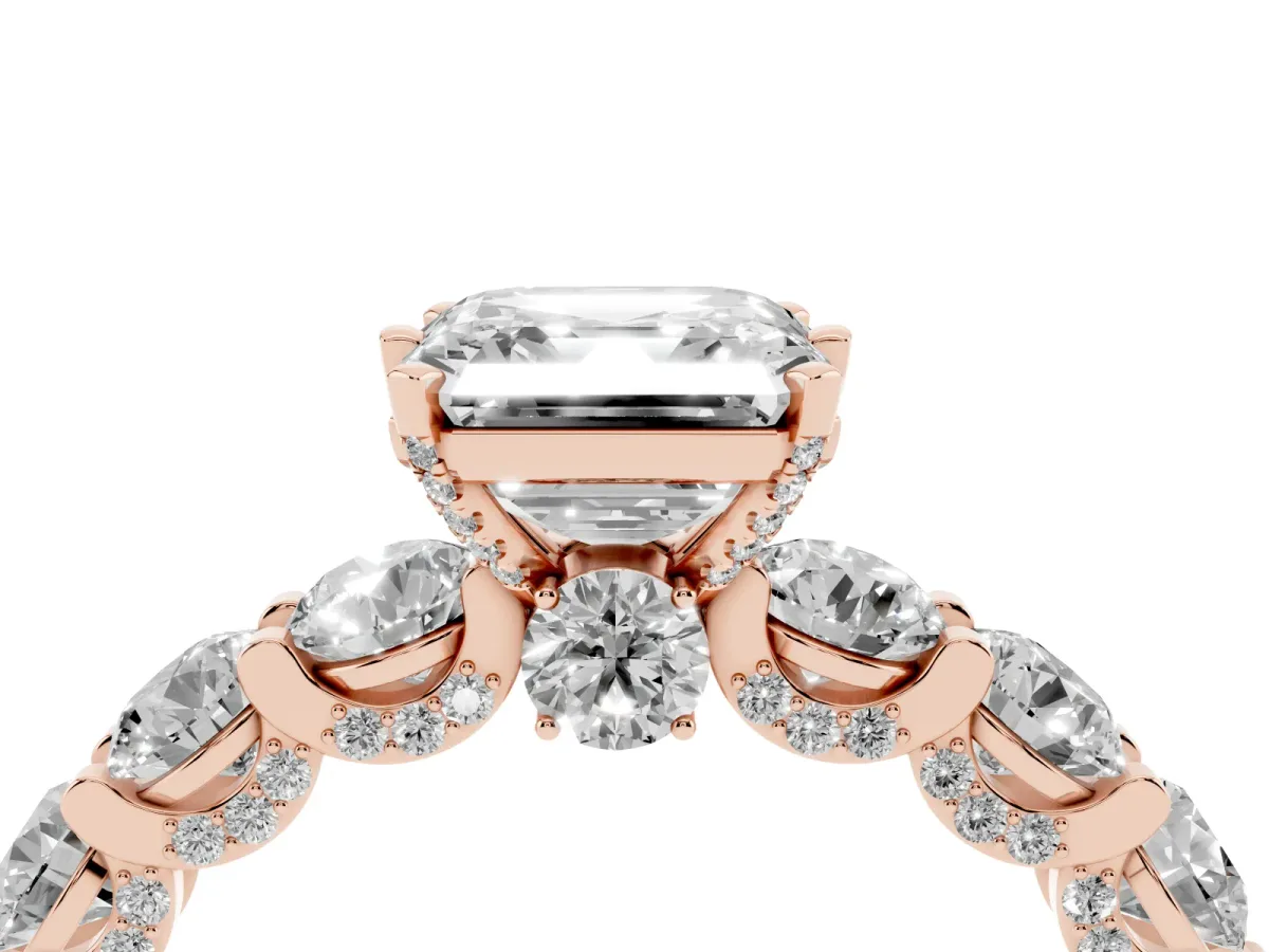 Asscher Cut Diamond Side Stone Engagement Ring with Four-Prong Setting Rose gold