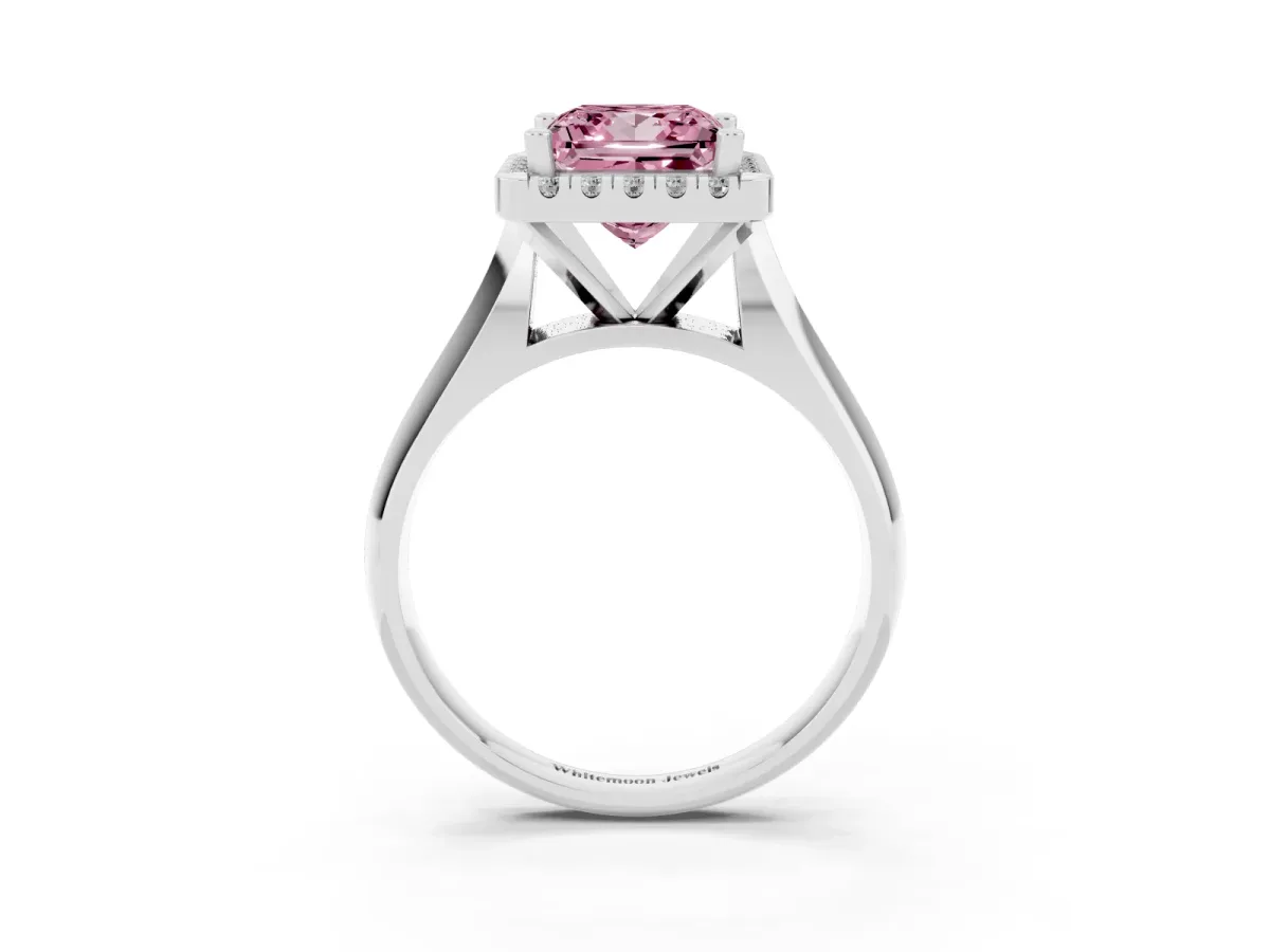 Fancy Pink Princess Cut Cut Halo Solitaire Engagement Ring with Square Band and Four-Prong Setting White gold