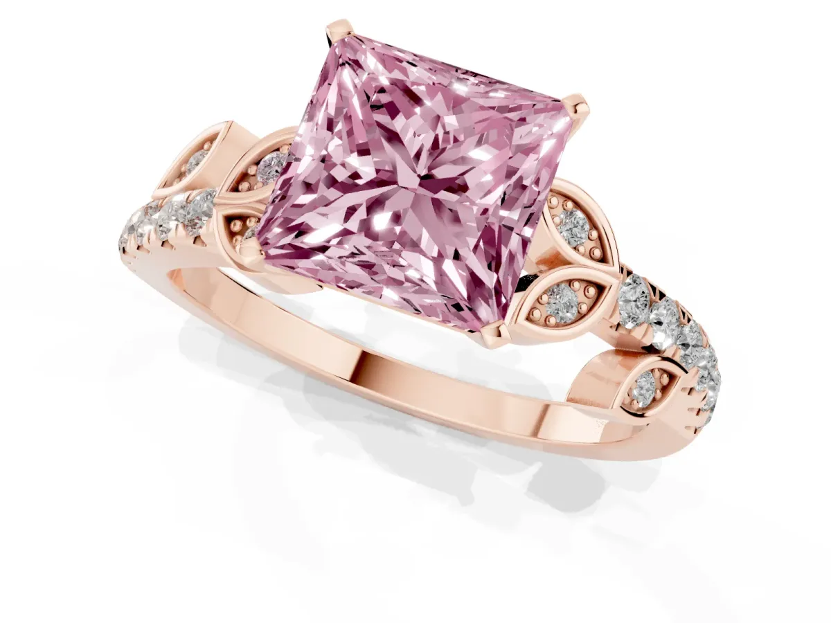 Fancy Pink Princess Cut Solitaire Leaf-Inspired Diamond Ring with Pavé Band and Four-Prong Setting Rose gold