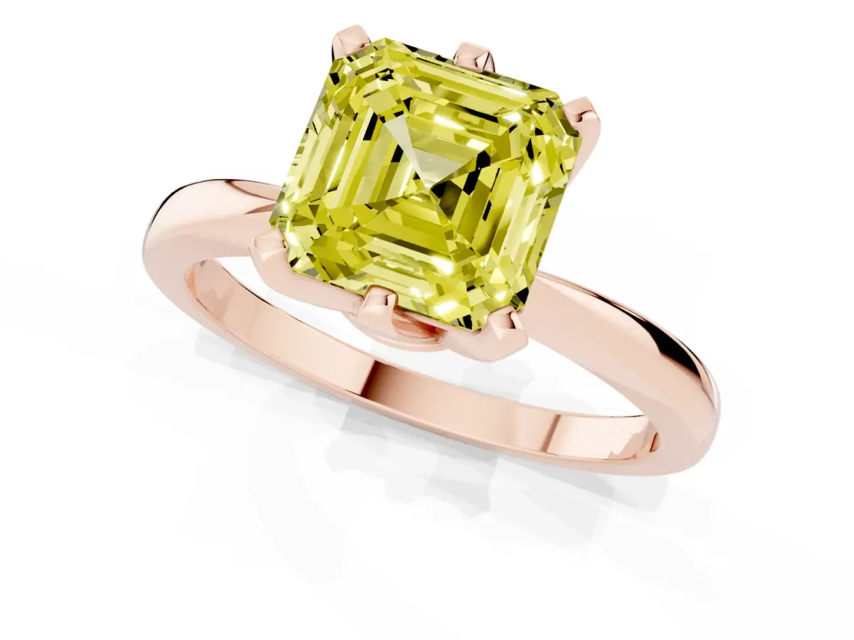 Fancy Yellow Asscher Cut Solitaire Engagement Ring with Six-Prong Setting and Tapered Band Rose gold