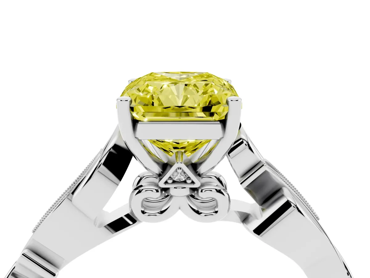 Fancy Yellow Radiant Cut Solitaire Vine Band with Milgrain Prong Setting Silver