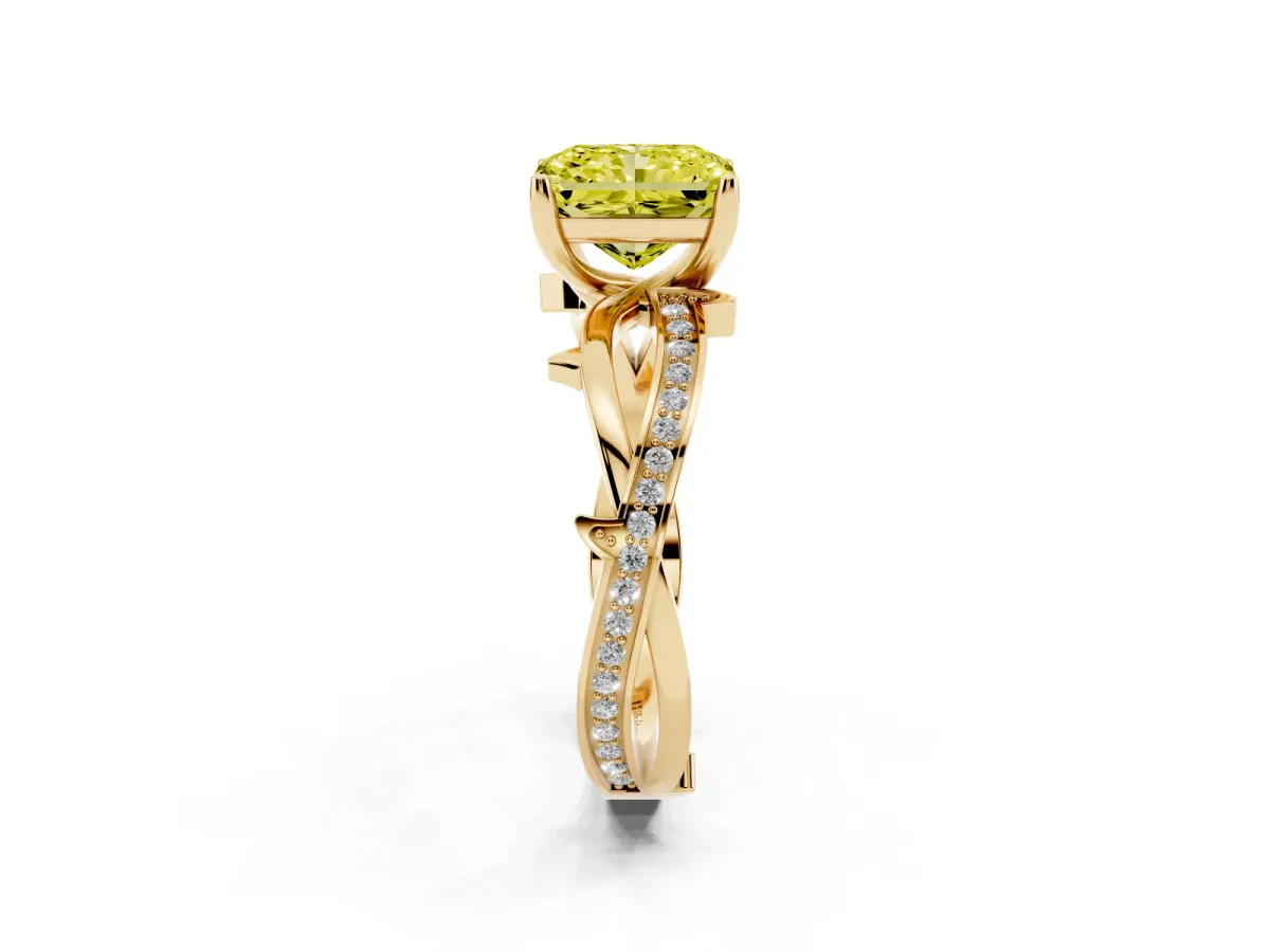 Fancy Yellow Radiant Cut Solitaire Twist Band with Pavé Accents and Four-Prong Setting Yellow gold