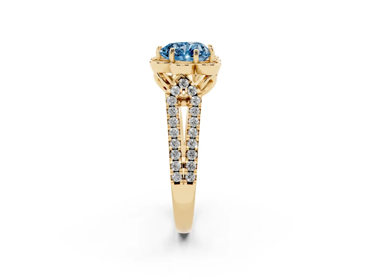 Fancy Blue Heart Cut Halo Diamond Floral Split Shank Engagement Ring Yellow gold