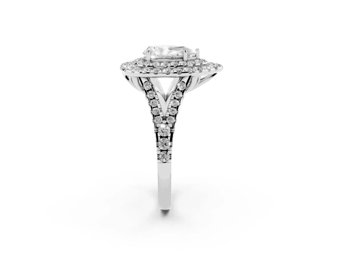 Double Halo Pear Cut Diamond Pavé Split Shank Ring with Prong Setting Silver