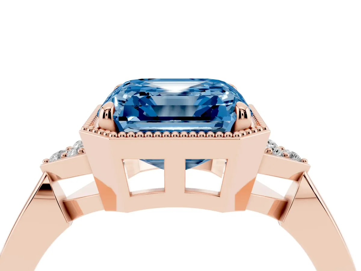 Fancy Blue Hexagonal Halo Asscher Cut Diamond Solitaire with Pavé Band and Four-Prong Setting Rose gold
