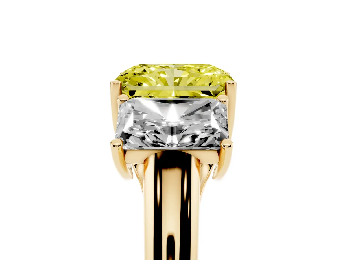 Fancy Yellow Three-Stone Radiant Cut Diamond Engagement Ring with Prong Setting Yellow gold