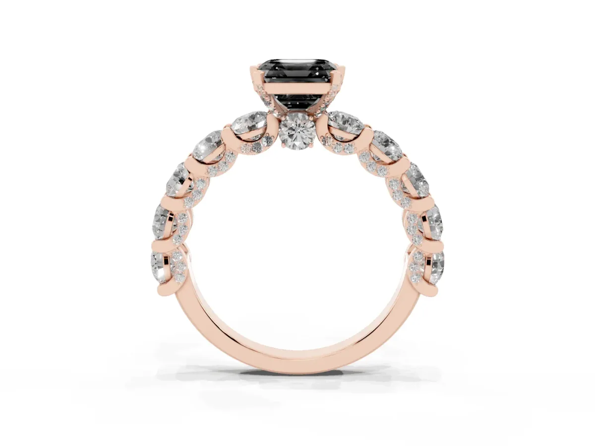 Fancy Black Asscher Cut Diamond Side Stone Engagement Ring with Four-Prong Setting Rose gold