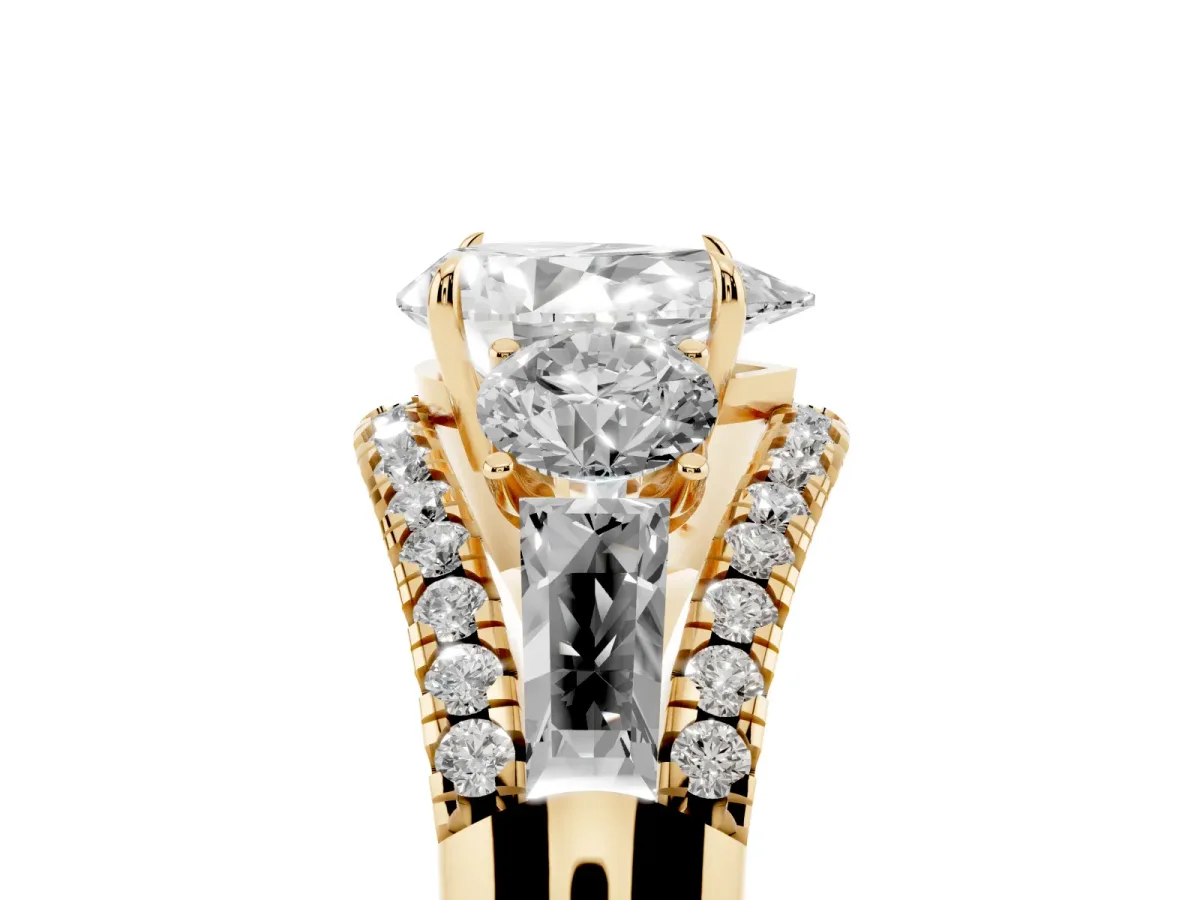 Three-Stone Pear Cut Diamond Engagement Ring with Pave Band and Prong Setting Yellow gold