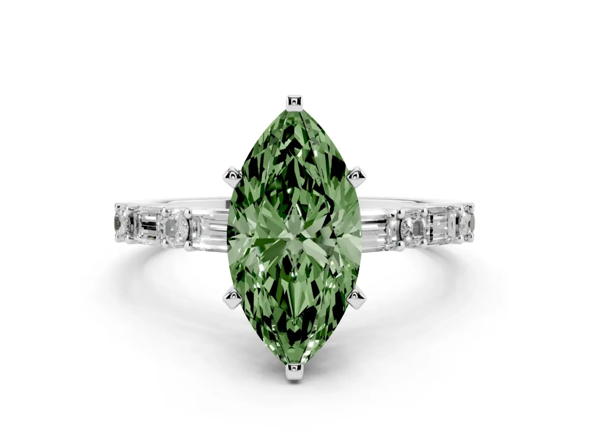 Fancy Green Marquise Cut Diamond Solitaire with Side Baguettes and Channel Set Band Platinum