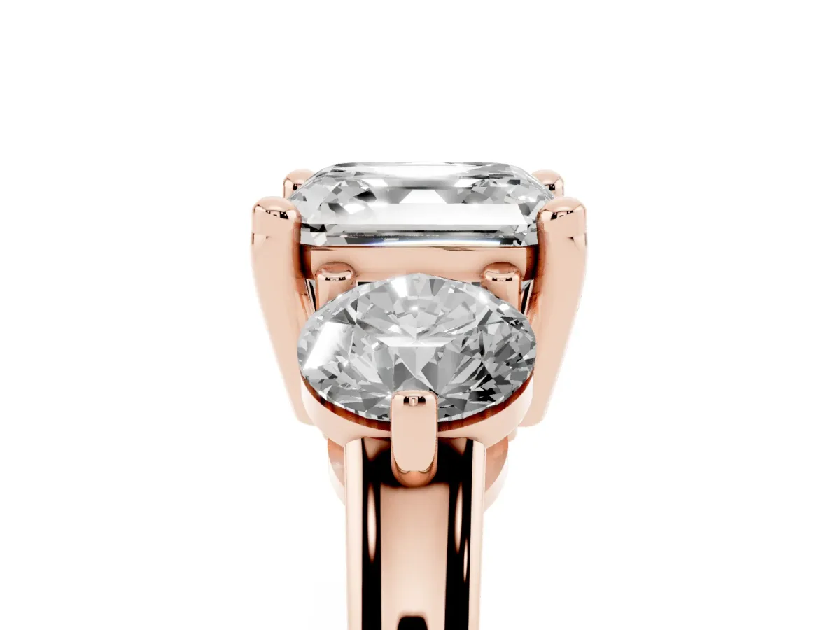 Three-Stone Asscher Cut Brilliant Cut Solitaire Ring with Prong Setting on a Classic Band Rose gold