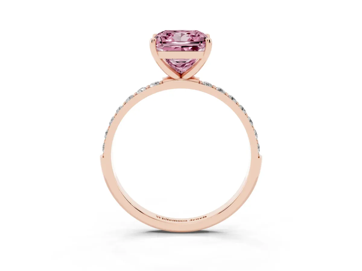 Fancy Pink Princess Cut Diamond Solitaire Ring with Round Pavé Shoulders and Prong Setting Rose gold