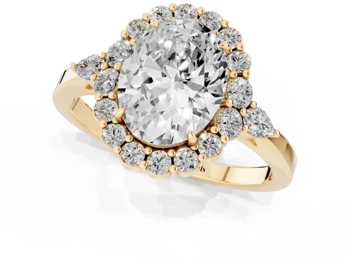 Oval Cut Diamond Halo Ring with Pear Side Stones and Prong Setting Yellow gold