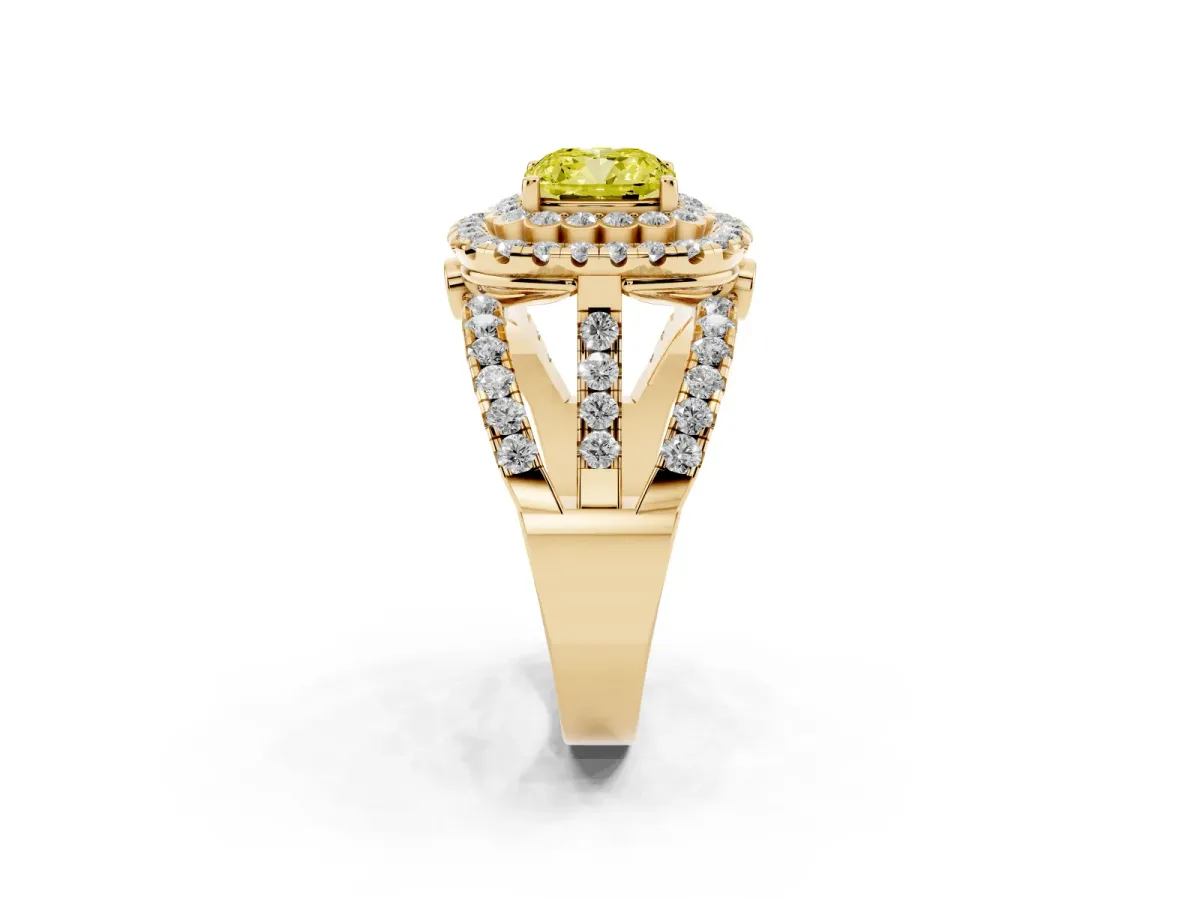 Fancy Yellow Cushion Cut Diamond Double Halo Ring with Round Pavé Split Shank and Prong Setting Yellow gold