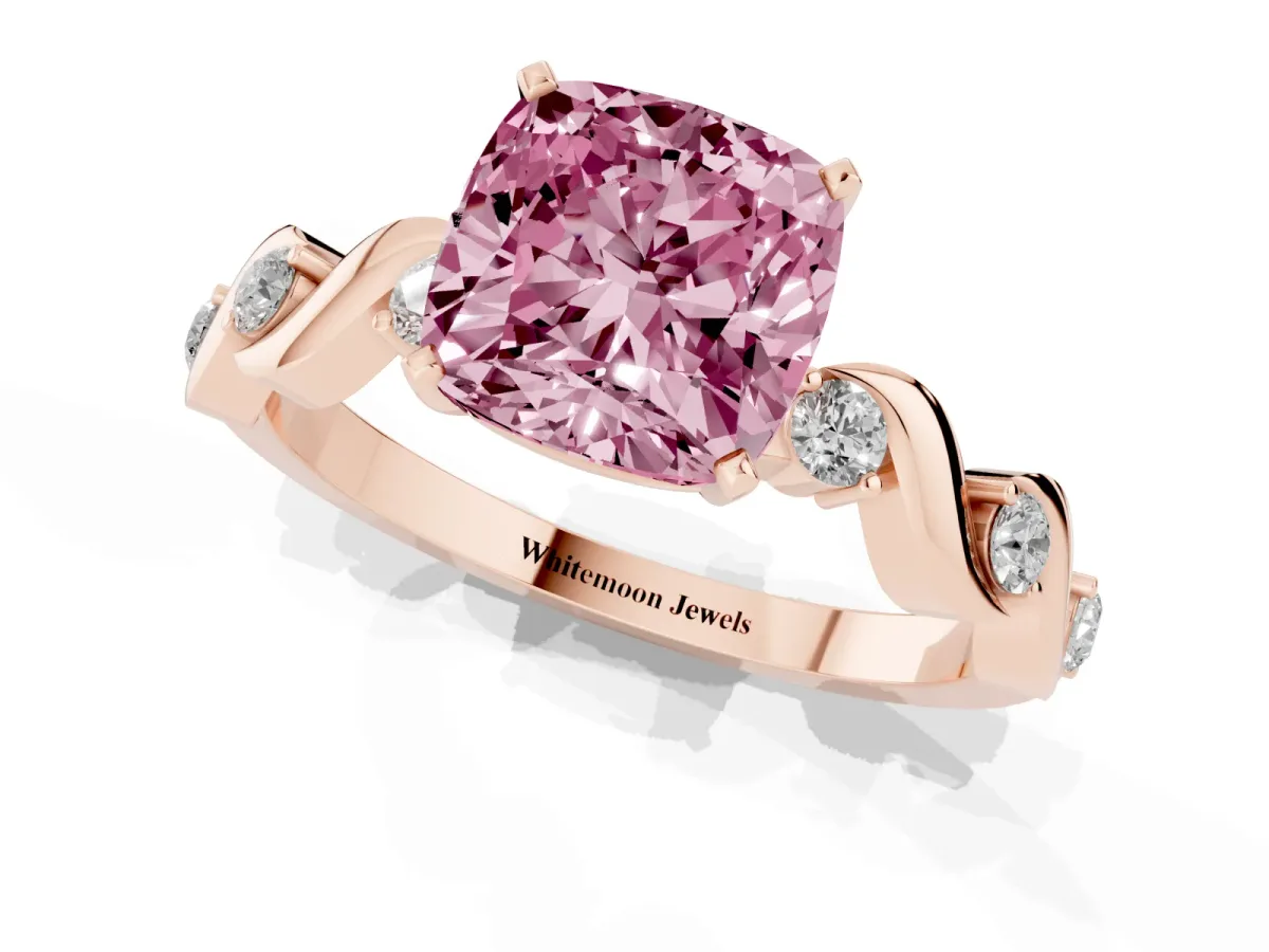 Fancy Pink Cushion Cut Diamond Solitaire Twisted Band with Round Accents and Prong Setting Rose gold
