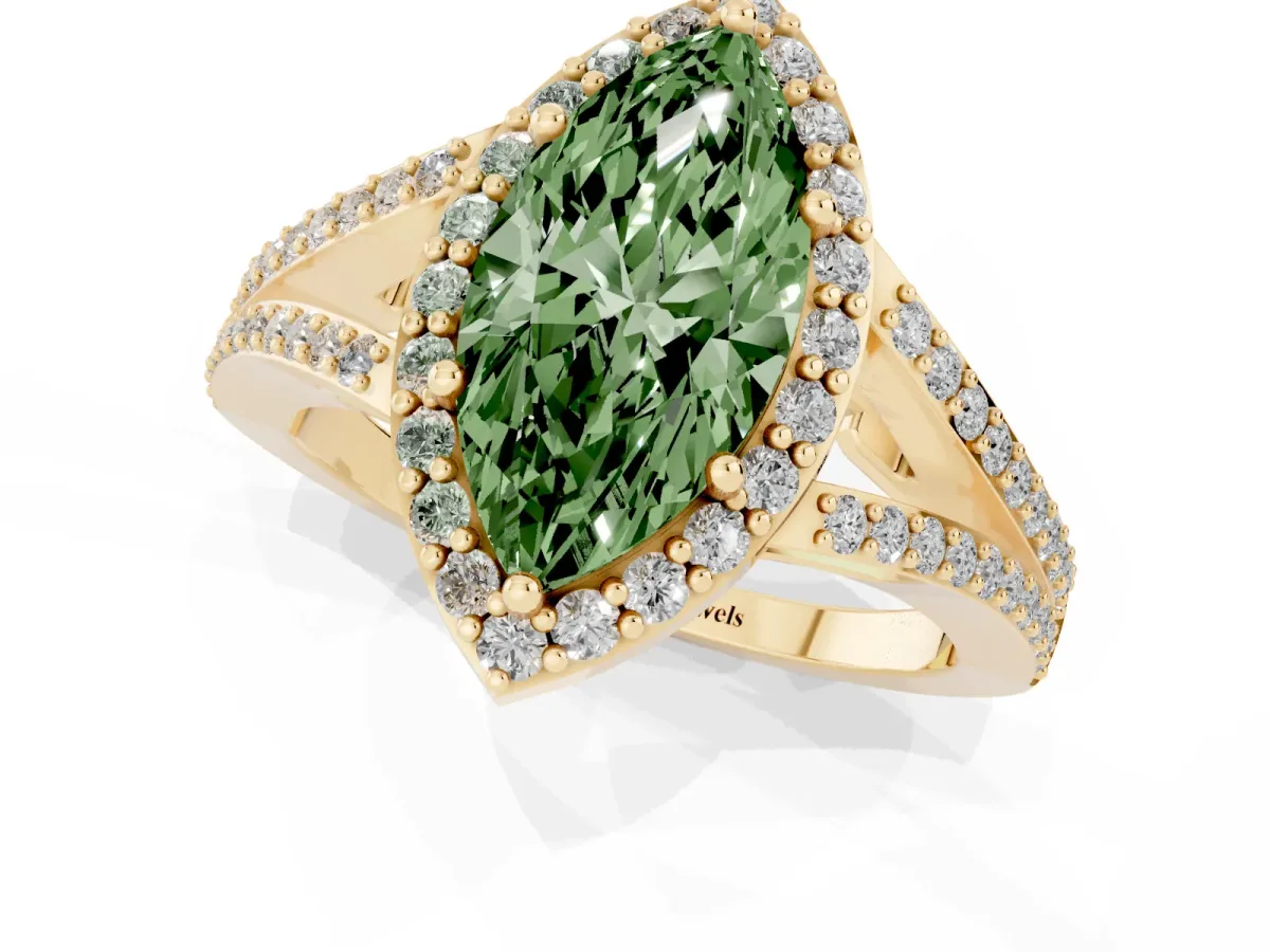Fancy Green Marquise Cut Halo Split Shank Diamond Ring with Prong Setting Yellow gold