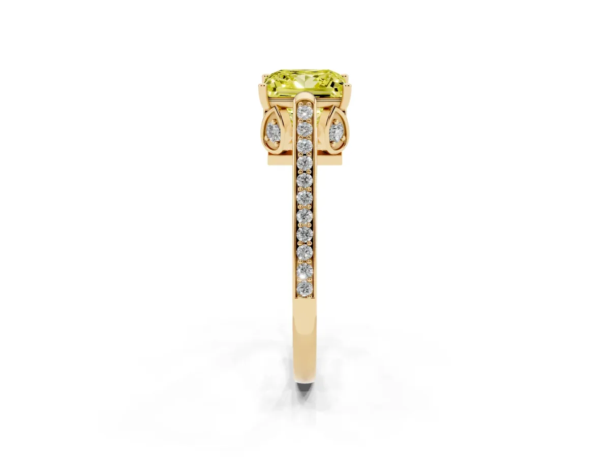 Fancy Yellow Princess Cut Cut Cathedral Pave Diamond Engagement Ring with Six-Prong Setting Yellow gold