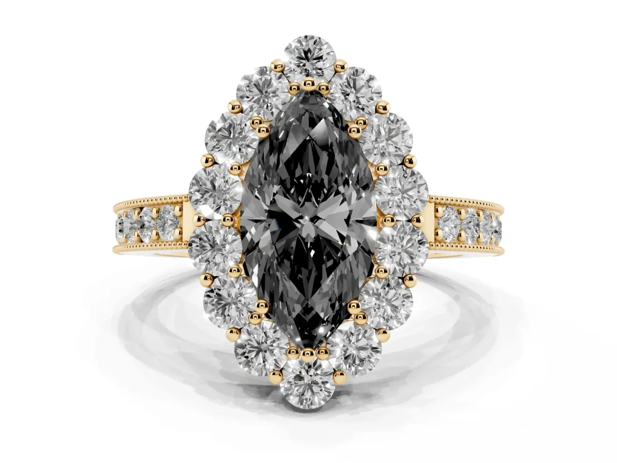 Fancy Black Marquise Cut Cut Halo Diamond Pavé Engagement Ring with Milgrain Detailing Yellow gold