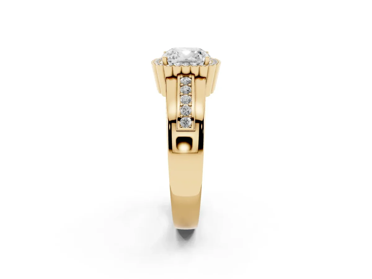 Cushion Cut Cut Halo Pave Band Four-Prong Ring Yellow gold