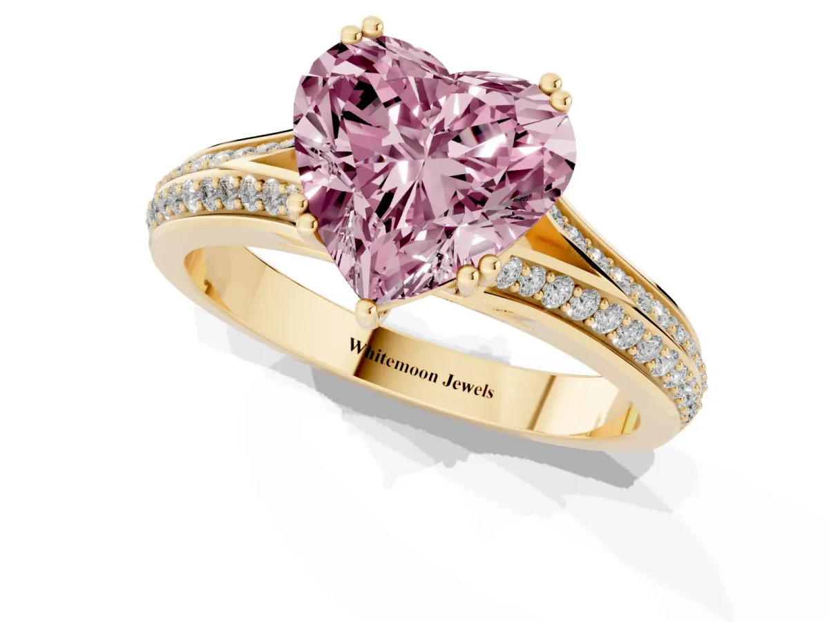 Fancy Pink Heart Cut Diamond Split Shank Engagement Ring with Pavé Band Yellow gold