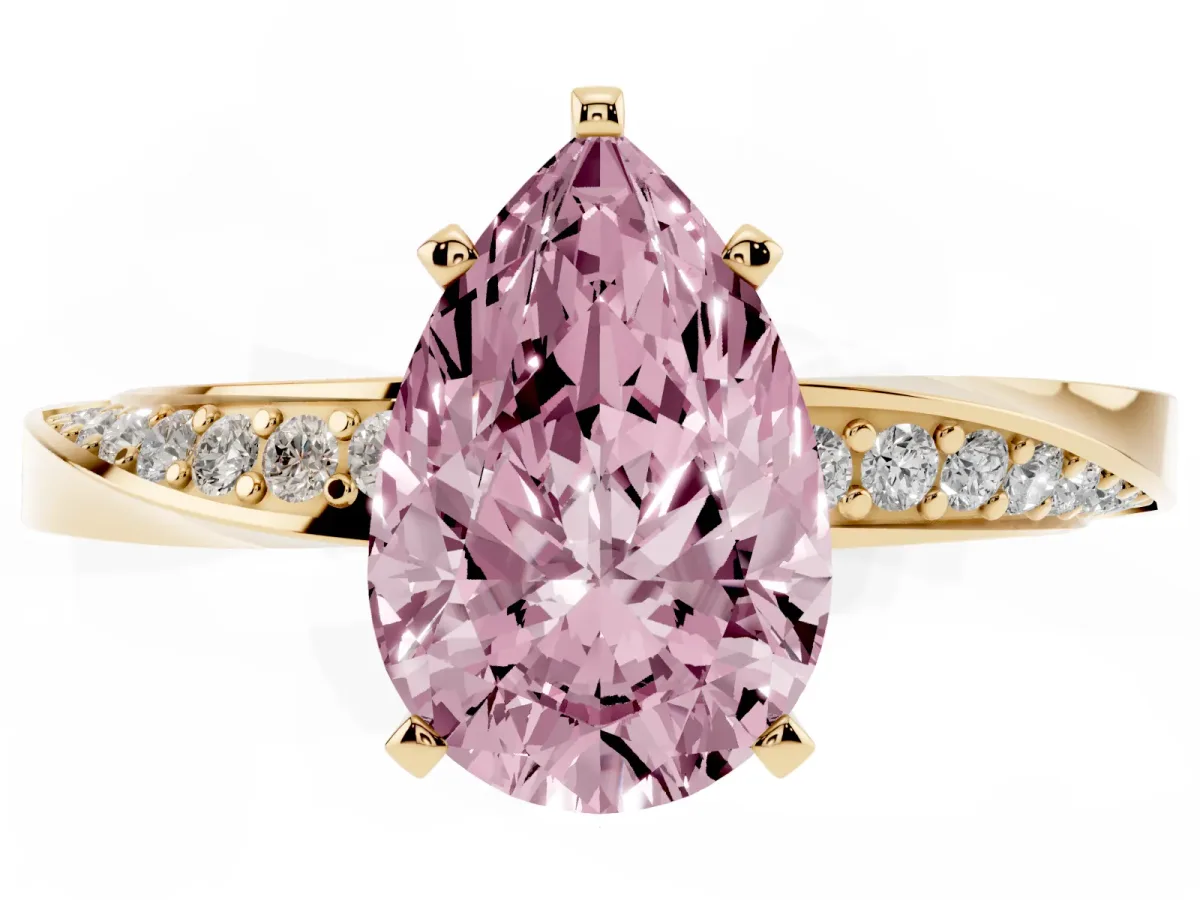 Fancy Pink Pear Cut Diamond Engagement Ring with Side Stone Accents and Four-Prong Setting Yellow gold