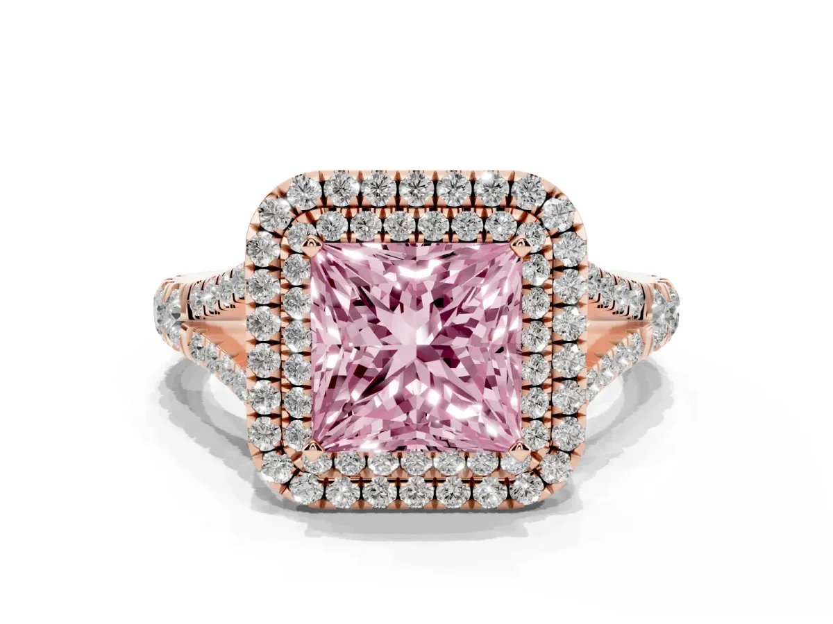 Fancy Pink Princess Cut Diamond Double Halo Ring with Split Shank and Prong Setting Rose gold