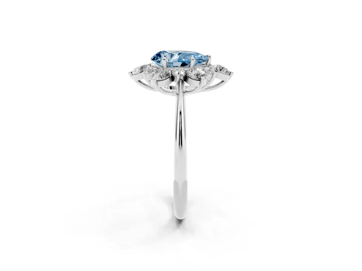 Fancy Blue Pear Cut Diamond Cluster Halo Ring with Solitaire Band and Four-Prong Setting Silver