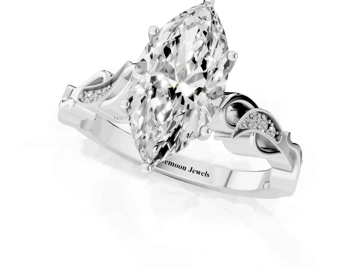 Marquise Cut Solitaire Vine Band with Milgrain Prong Setting Platinum