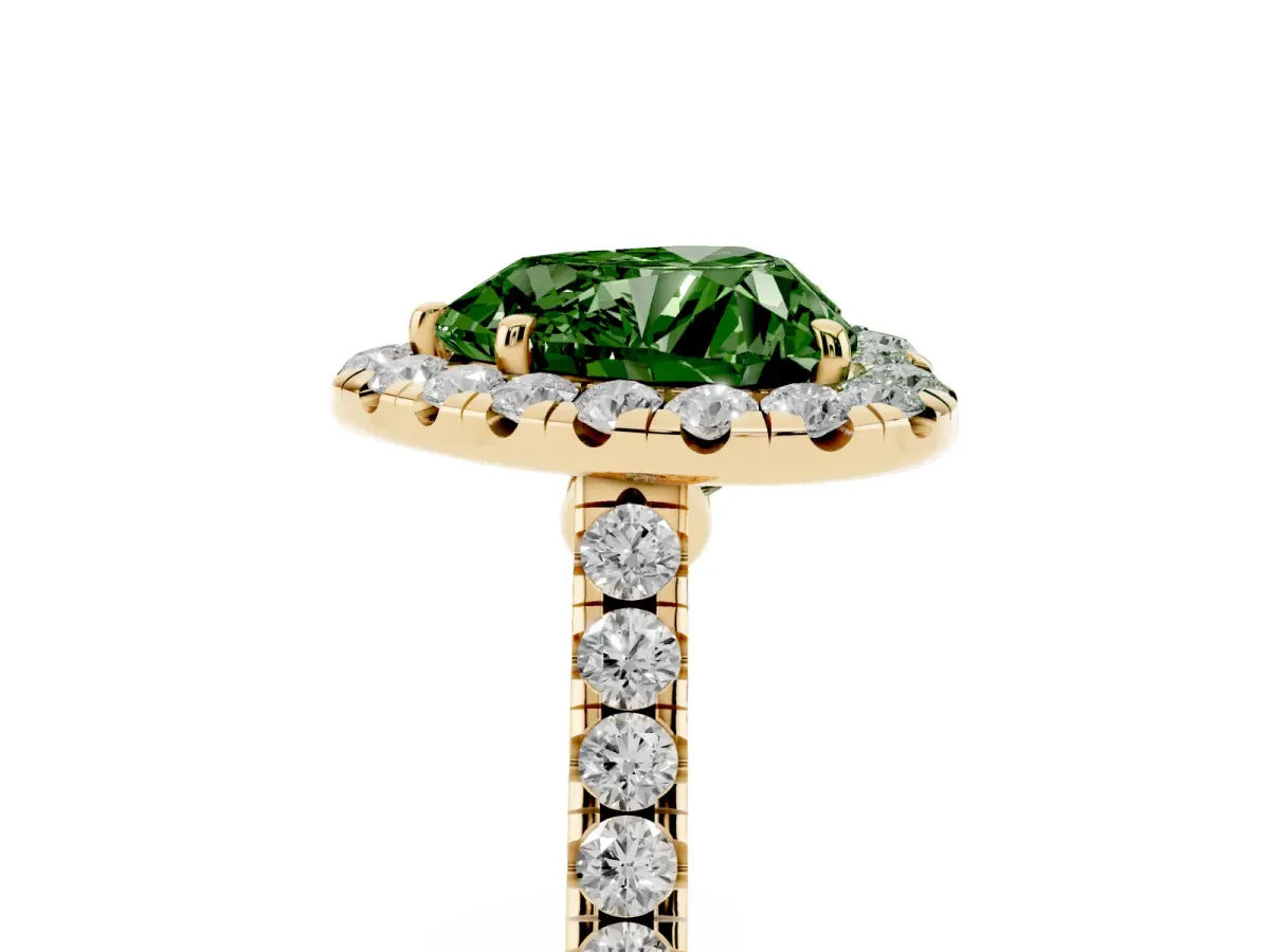 Fancy Green Heart Cut Halo Pave Diamond Engagement Ring with Four-Prong Setting Yellow gold