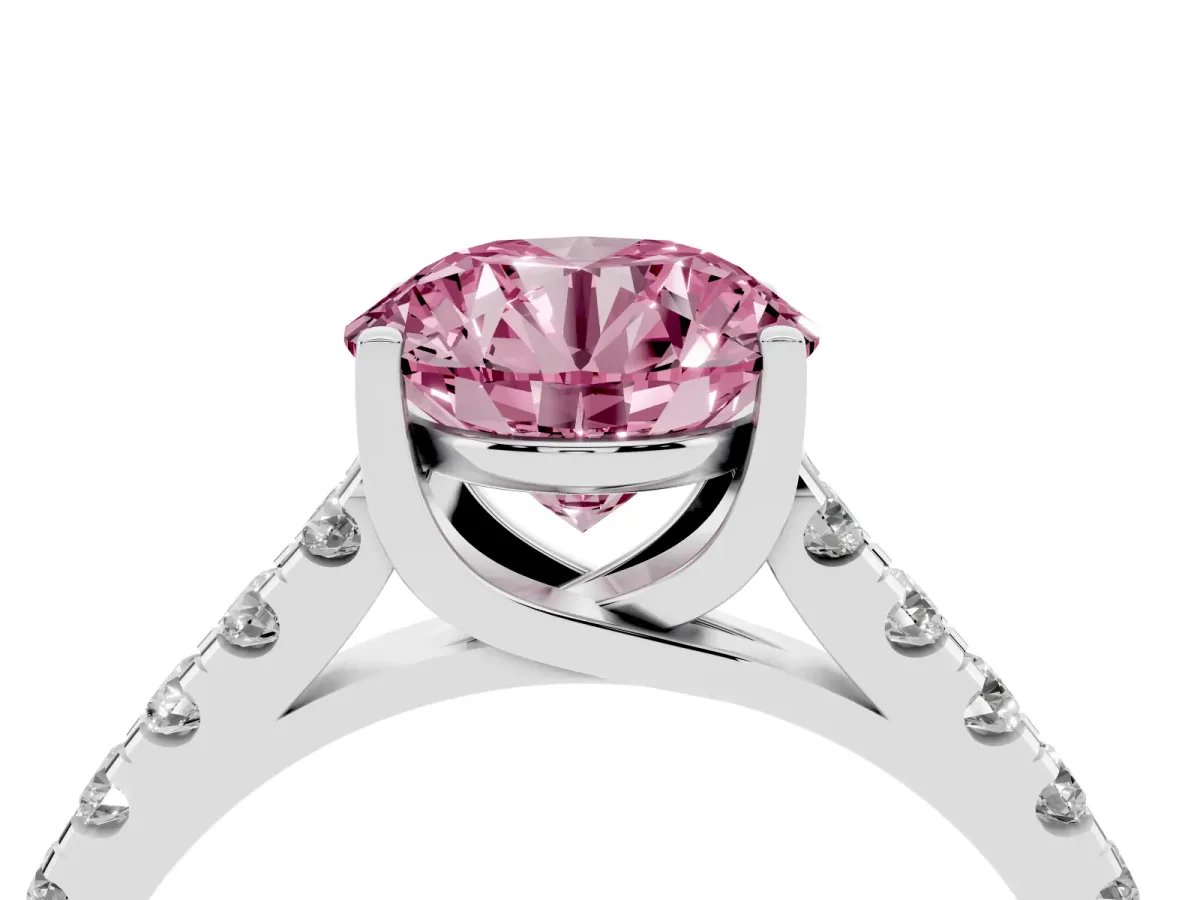Fancy Pink Round Cut Diamond Pavé Band Solitaire Ring with Prong Setting Platinum