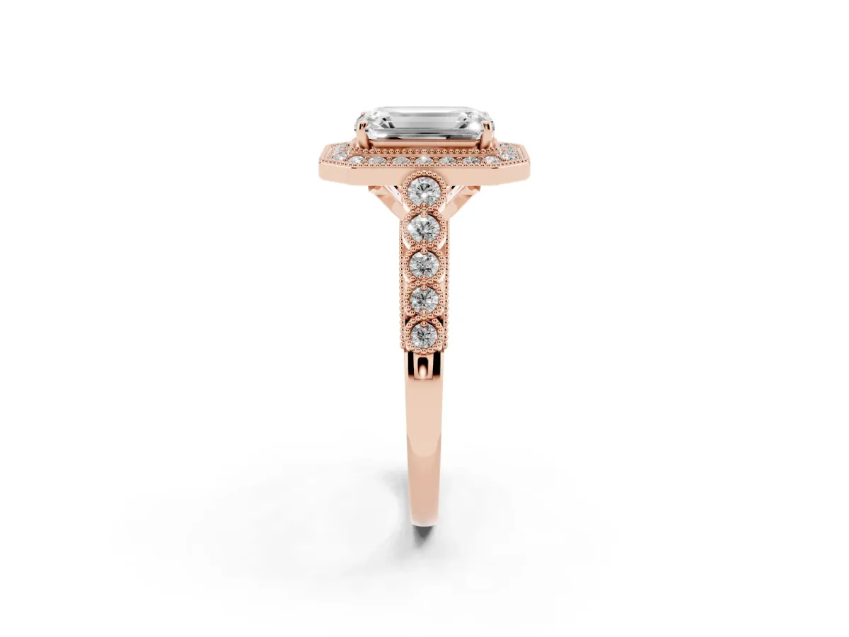 Emerald Cut Halo Milgrain Solitaire with Bezel Set Side Stones and Pave Band Rose gold