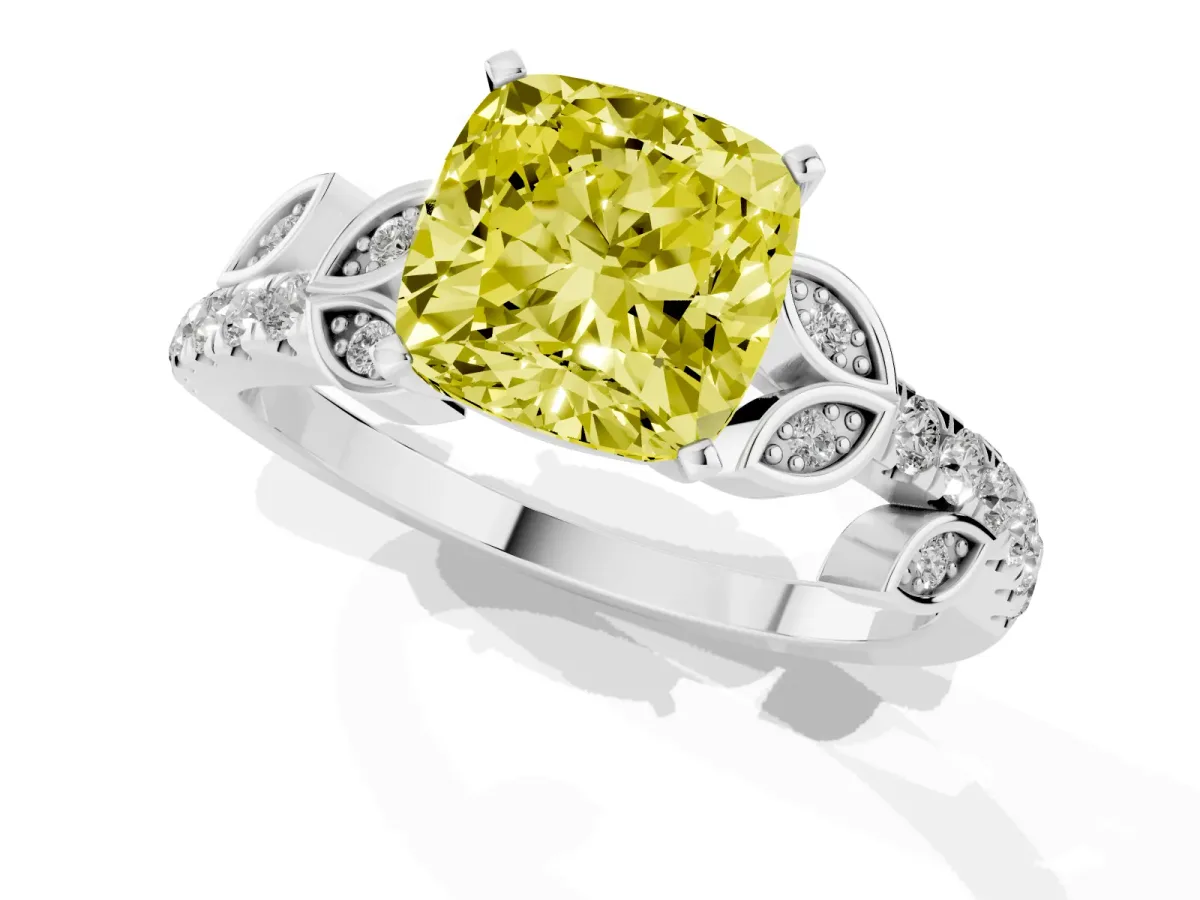 Fancy Yellow Cushion Cut Solitaire Leaf-Inspired Diamond Ring with Pavé Band and Four-Prong Setting Silver