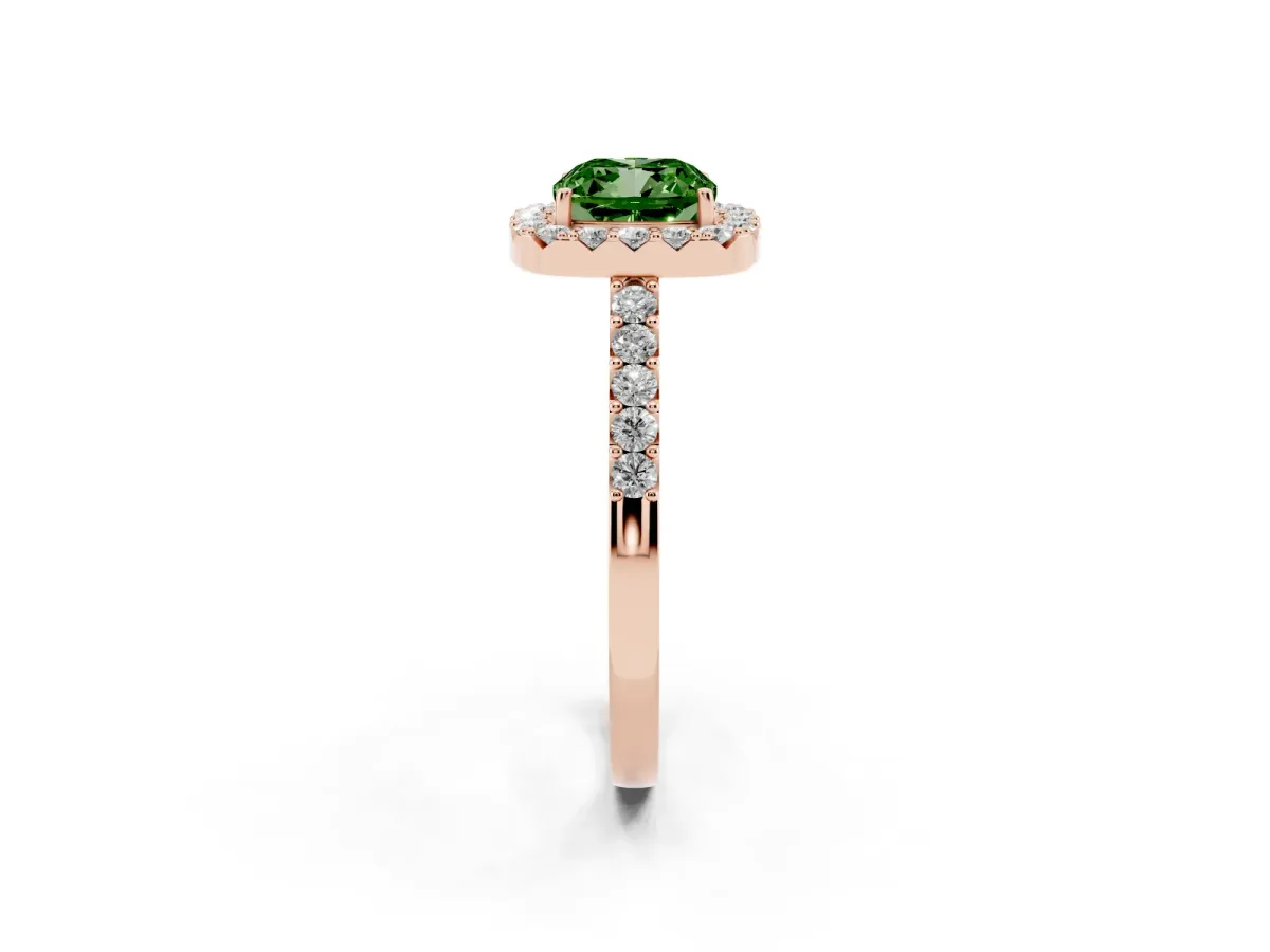 Fancy Green Cushion Cut Halo Diamond Pavé Solitaire Ring Rose gold