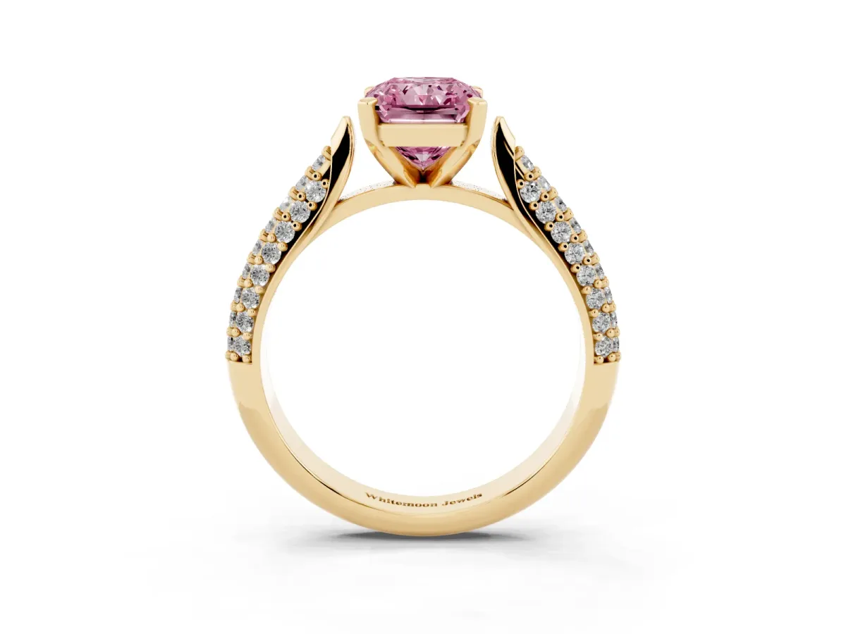 Fancy Pink Radiant Cut Diamond Solitaire Engagement Ring with Multi-Row Round Pavé Band and Prong Setting Yellow gold