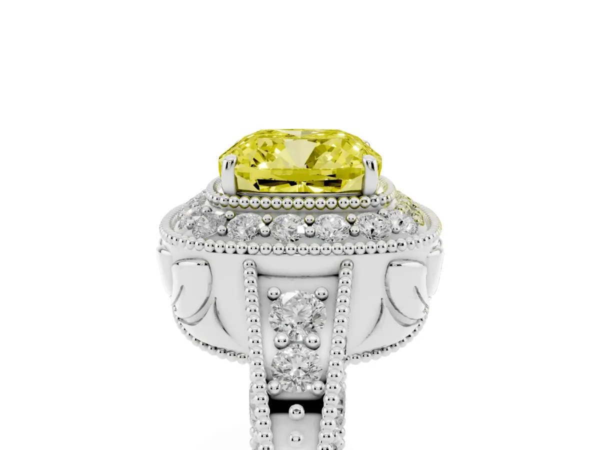 Fancy Yellow Cushion Cut Halo Diamond Split Shank Ring with Milgrain Detail Platinum