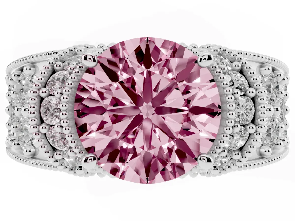 Fancy Pink Round Cut Halo Pave Diamond Engagement Ring with Milgrain Detailing Silver
