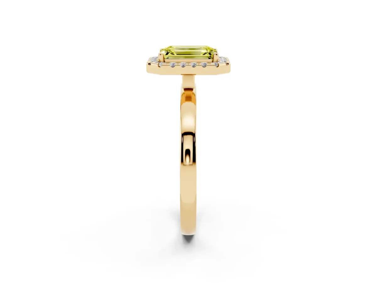 Fancy Yellow Emerald Cut Halo Diamond Solitaire with Pavé Band and Four-Prong Setting Yellow gold