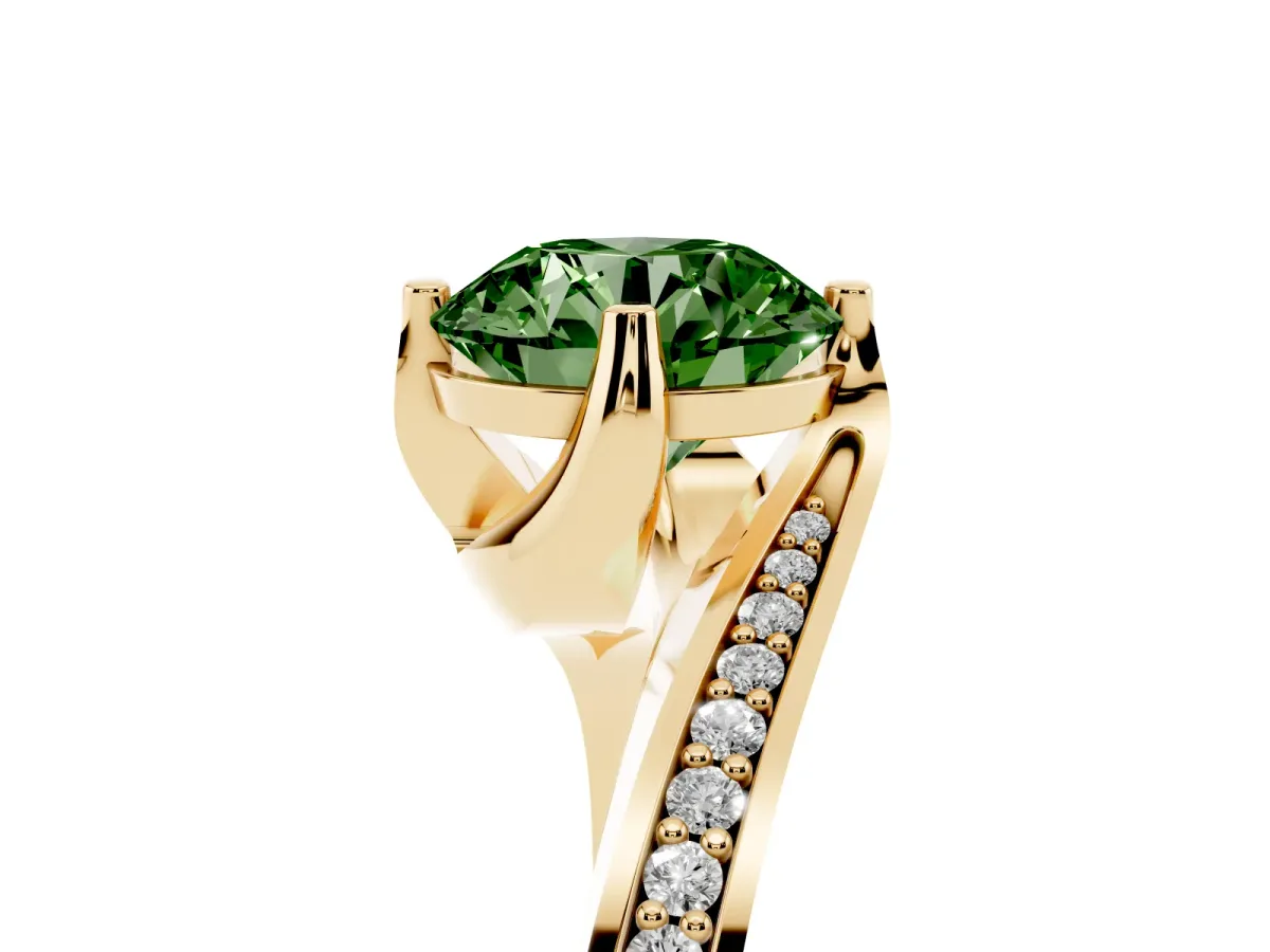 Fancy Green Round Cut Solitaire Diamond Twist Band with Pavé Setting and Four-Prong Setting Yellow gold