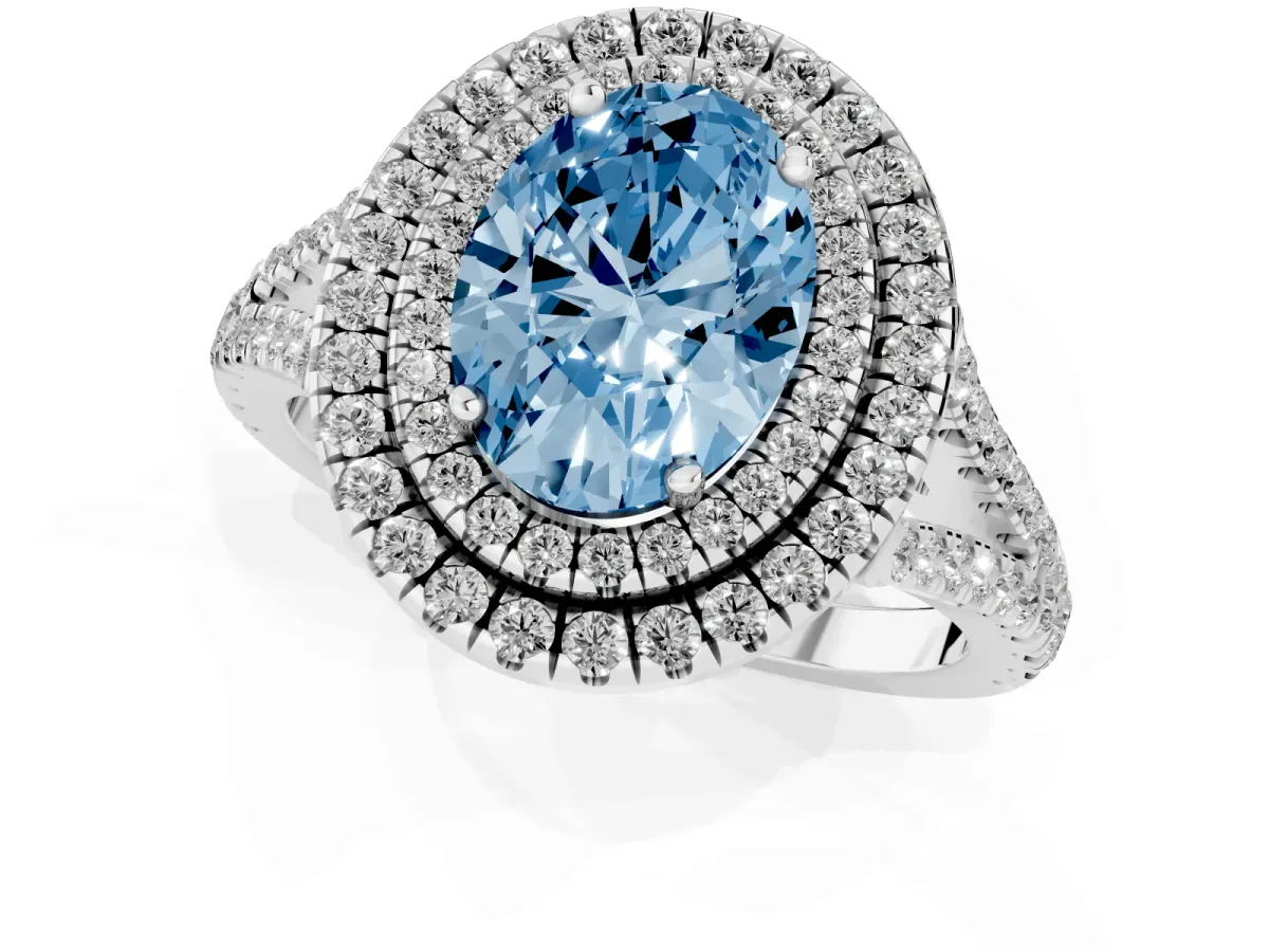 Fancy Blue Oval Cut Diamond Double Halo Ring with Pavé Band and Prong Setting Silver