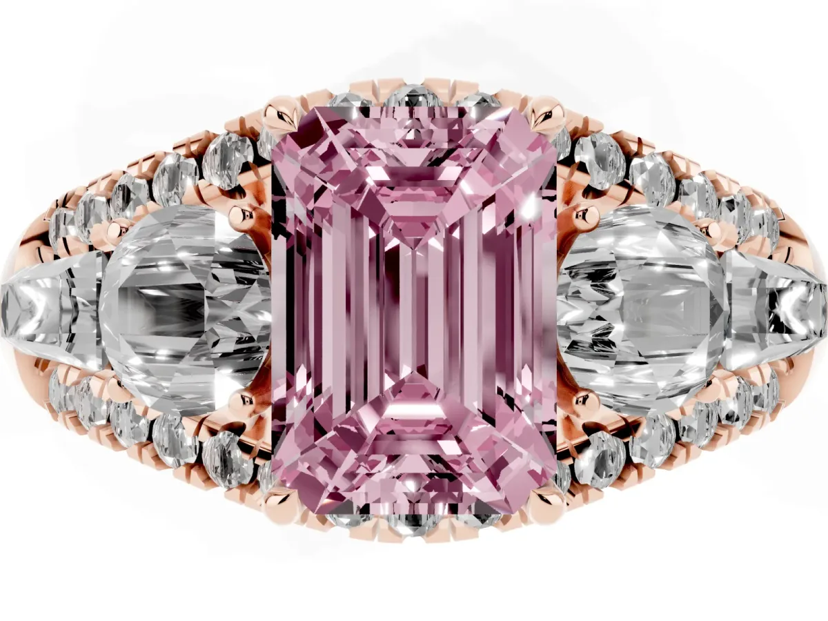 Fancy Pink Three-Stone Emerald Cut Diamond Engagement Ring with Pave Band and Prong Setting Rose gold