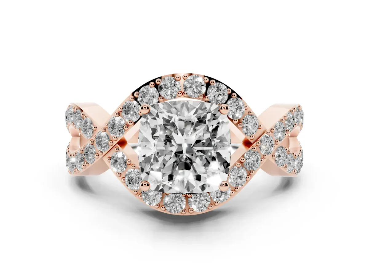 Cushion Cut Solitaire Twist Band Pavé Diamond Engagement Ring Rose gold